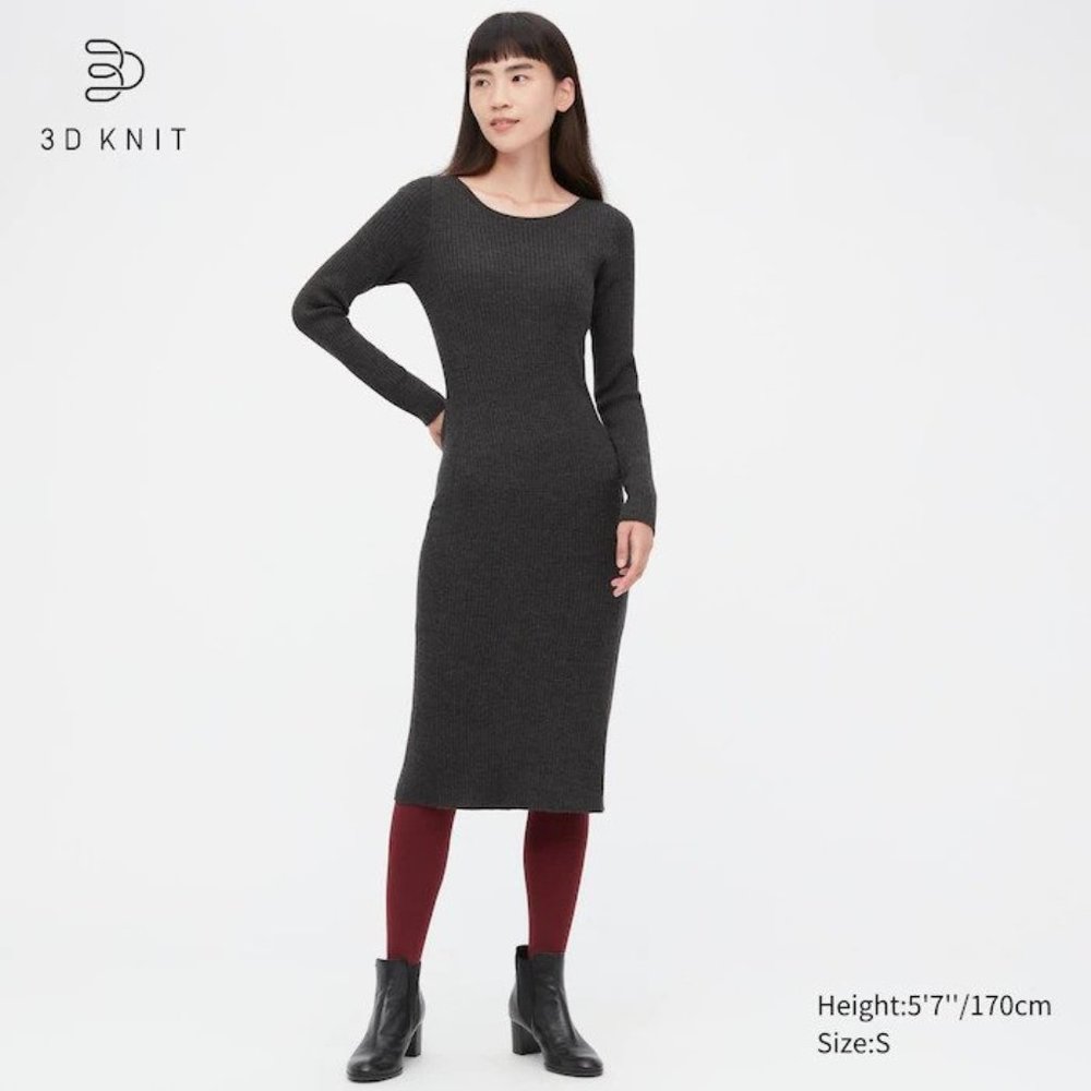 Uniqlo 3D Knit Extra Fine Merino Ribbed Fitted Long-Sleeve Dress